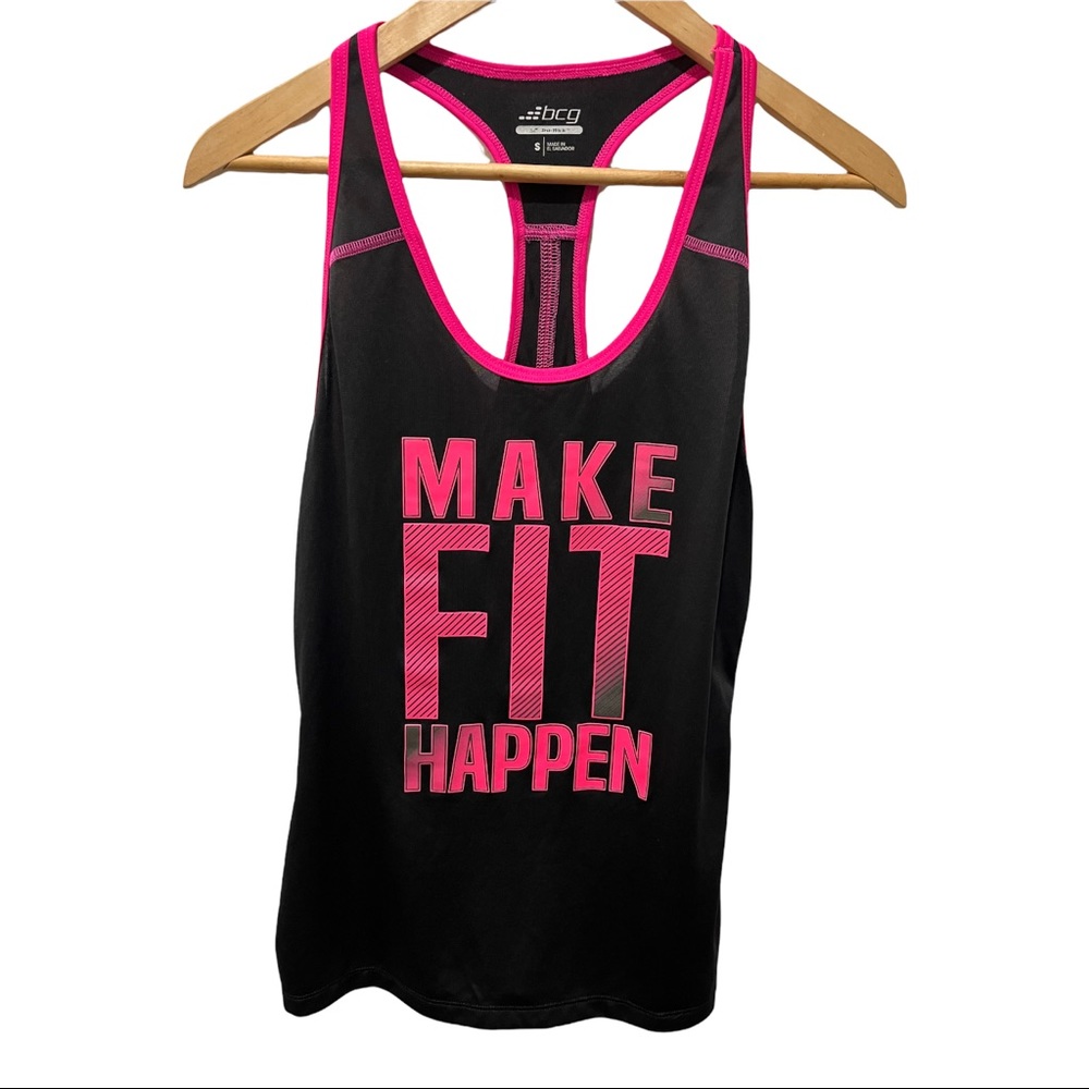 BCG BLACK AND HOT PINK GRAPHIC MAKE IT HAPPEN RACER BACK TANK TOP